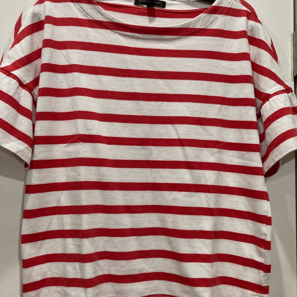 Banana Republic Orange and White Striped Top with unique sleeves.